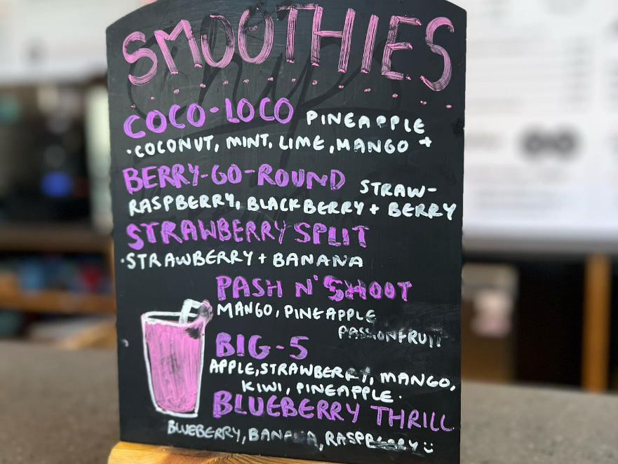 A small chalkboard displays the Bridge smoothies menu